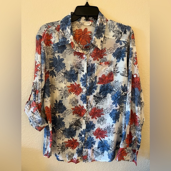 75 Degrees & Fuzzy Women Cotton Shirt Blouse Button Down Floral Blue Red Top - Picture 2 of 9